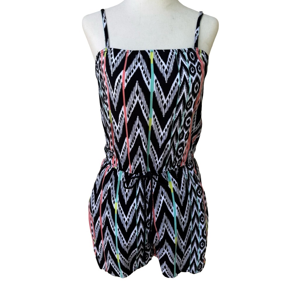 Helix Y2K Boho Festival Ikat Geometric Romper Summer Beach Black Pink Womens S/M